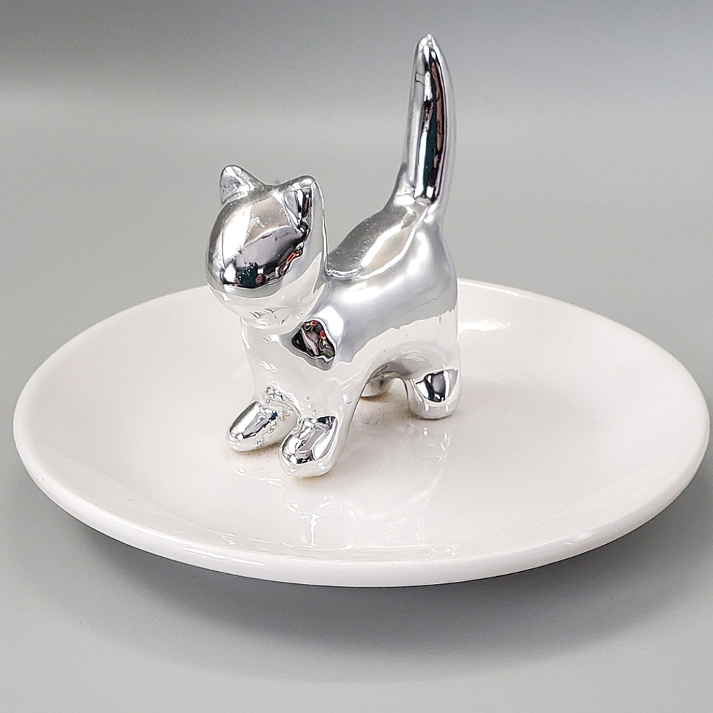 Isaac Jacobs Chrome Silver Cat White Ceramic Trinket Dish